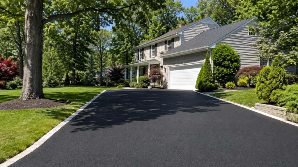 Freshly paved asphalt driveway with paver border at a residential home in Bergen County, NJ
