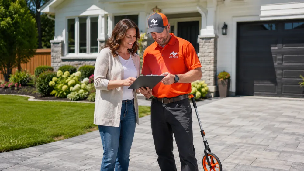 NVN Paving contractor and Bergen County homeowner reviewing a driveway paving estimate during an on-site consultation